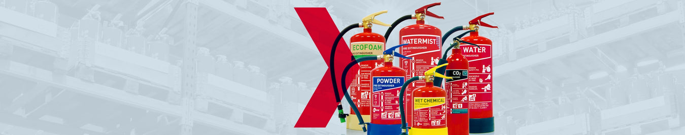 Range of red fire extinguishers labeled for various uses, on a faded industrial backdrop.