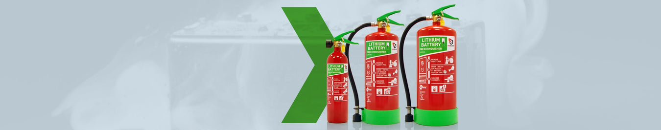 Red lithium battery fire extinguishers with green handles and bases, on a light background.