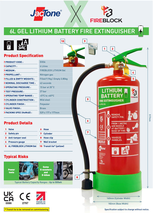 Fireblock 6L Lithium-Ion Battery Fire Extinguisher - Advanced Gel Technology, Durable