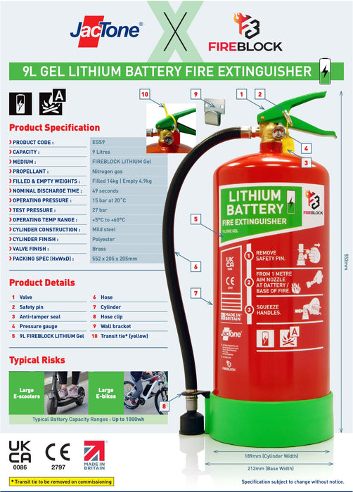 Fireblock 9L Lithium-Ion Battery Fire Extinguisher - Advanced Gel Technology, Durable