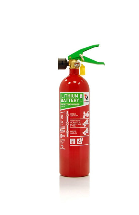 Red 2 Litre lithium battery fire extinguisher with green handle and informational labels.