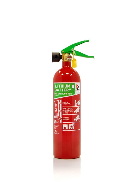 Red 2 Litre lithium battery fire extinguisher with green handle and informational labels.