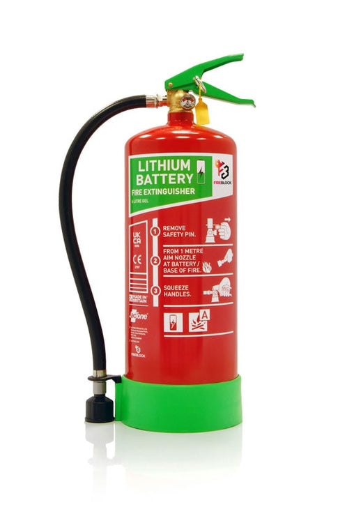 Red lithium battery fire extinguisher with nozzle, green base, and usage instructions.