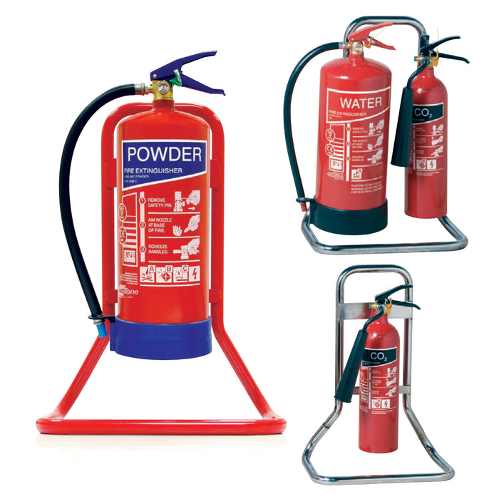 Red or Chrome Metal Fire Extinguisher Stands - Single & Double, Durable Design